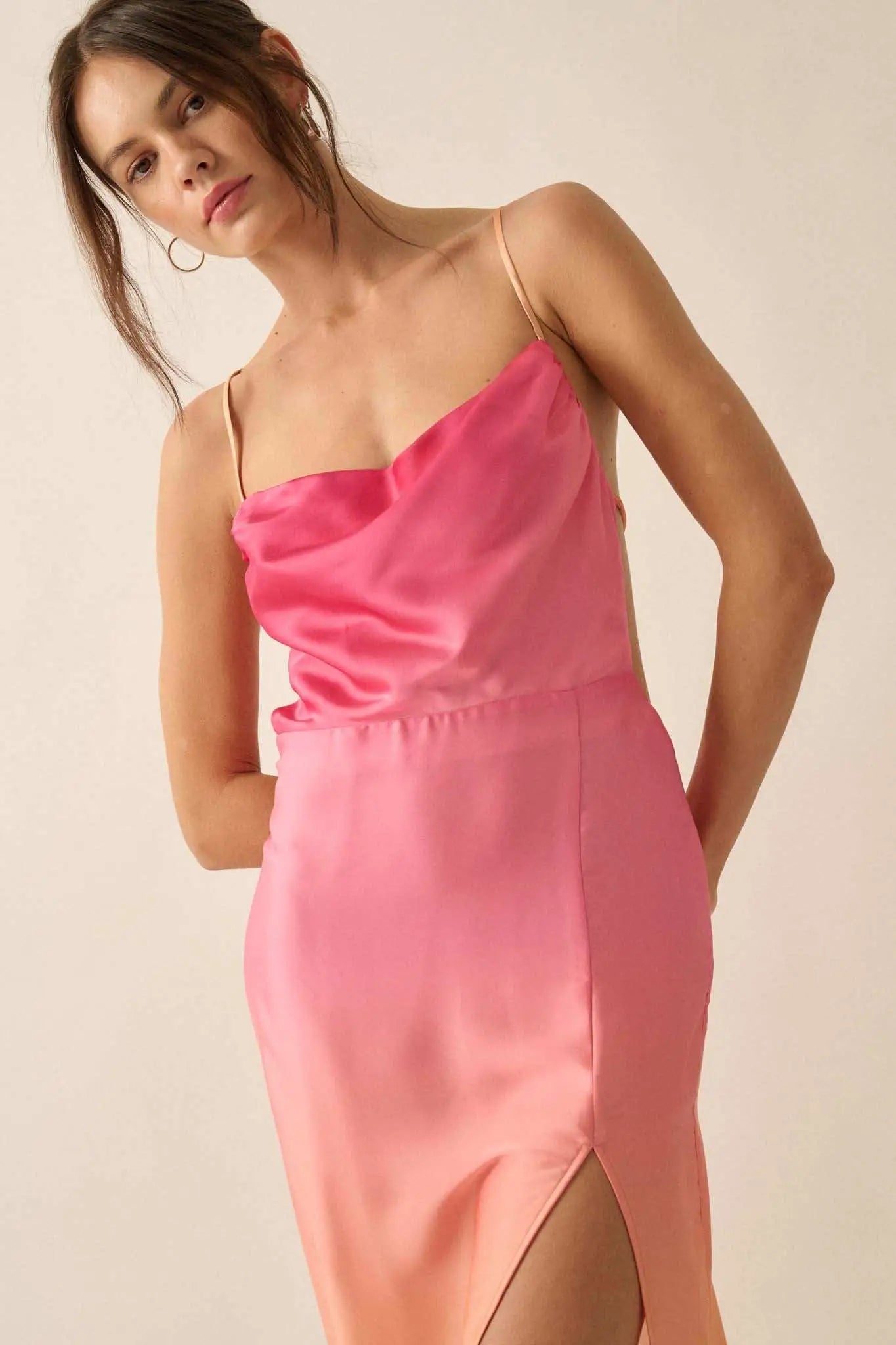 pink ombre satin dress Simmi lace trim satin bandeau maxi dress with back cut out in pink and orange ombre