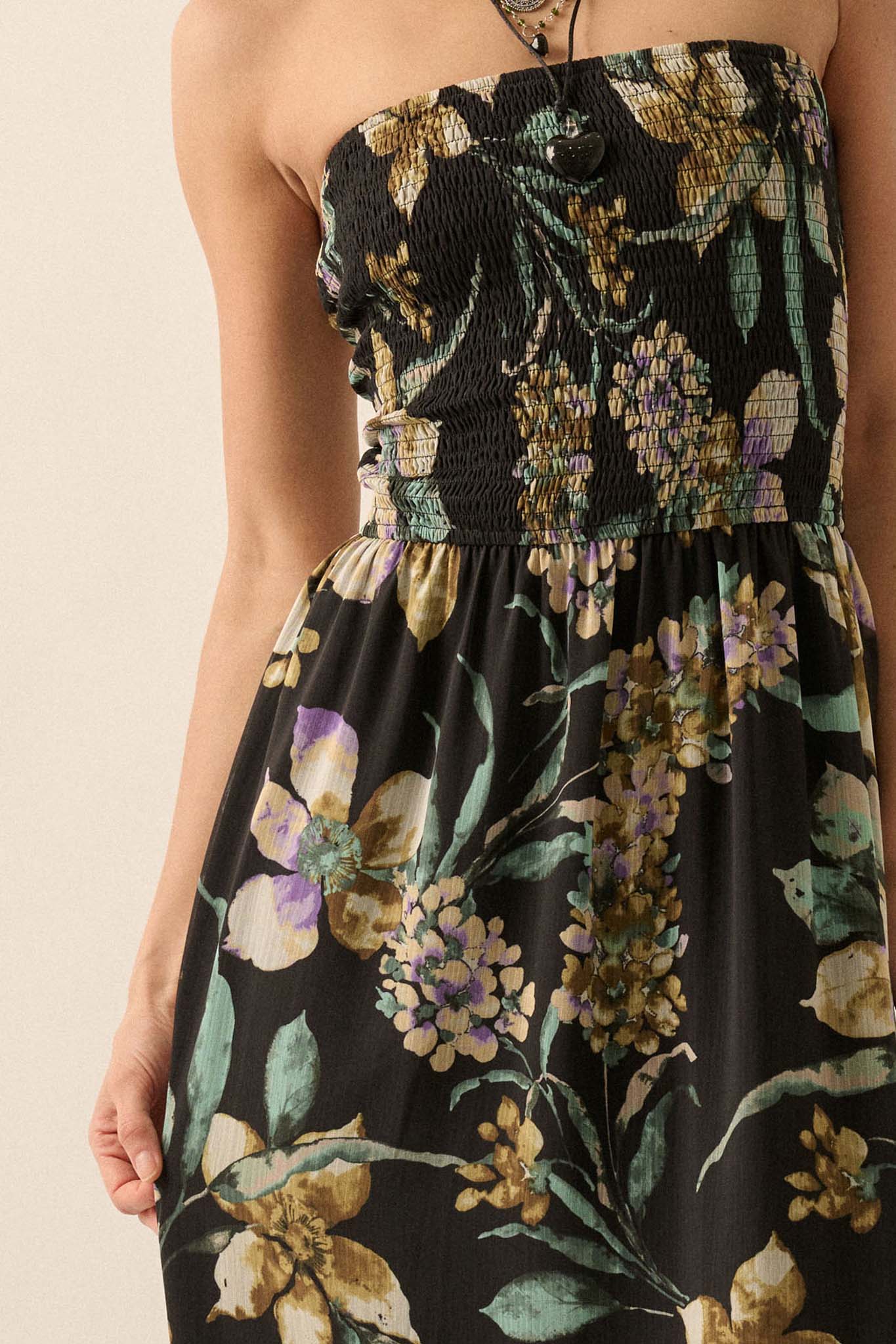 Radiant Garden Floral Chiffon Strapless Maxi Dress - ShopPromesa