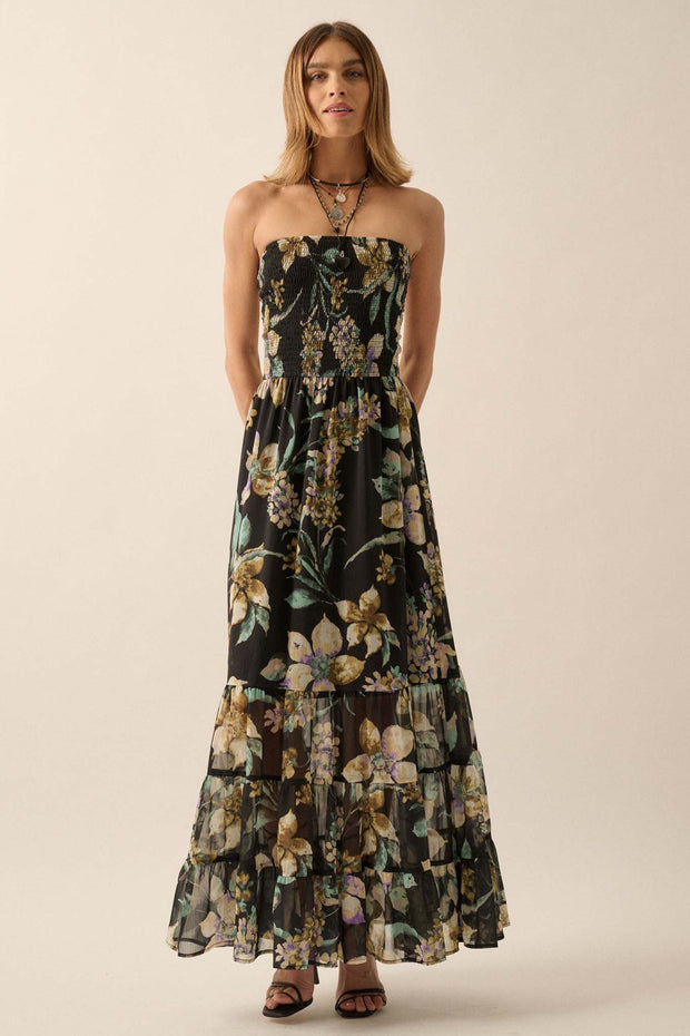 Radiant Garden Floral Chiffon Strapless Maxi Dress - ShopPromesa