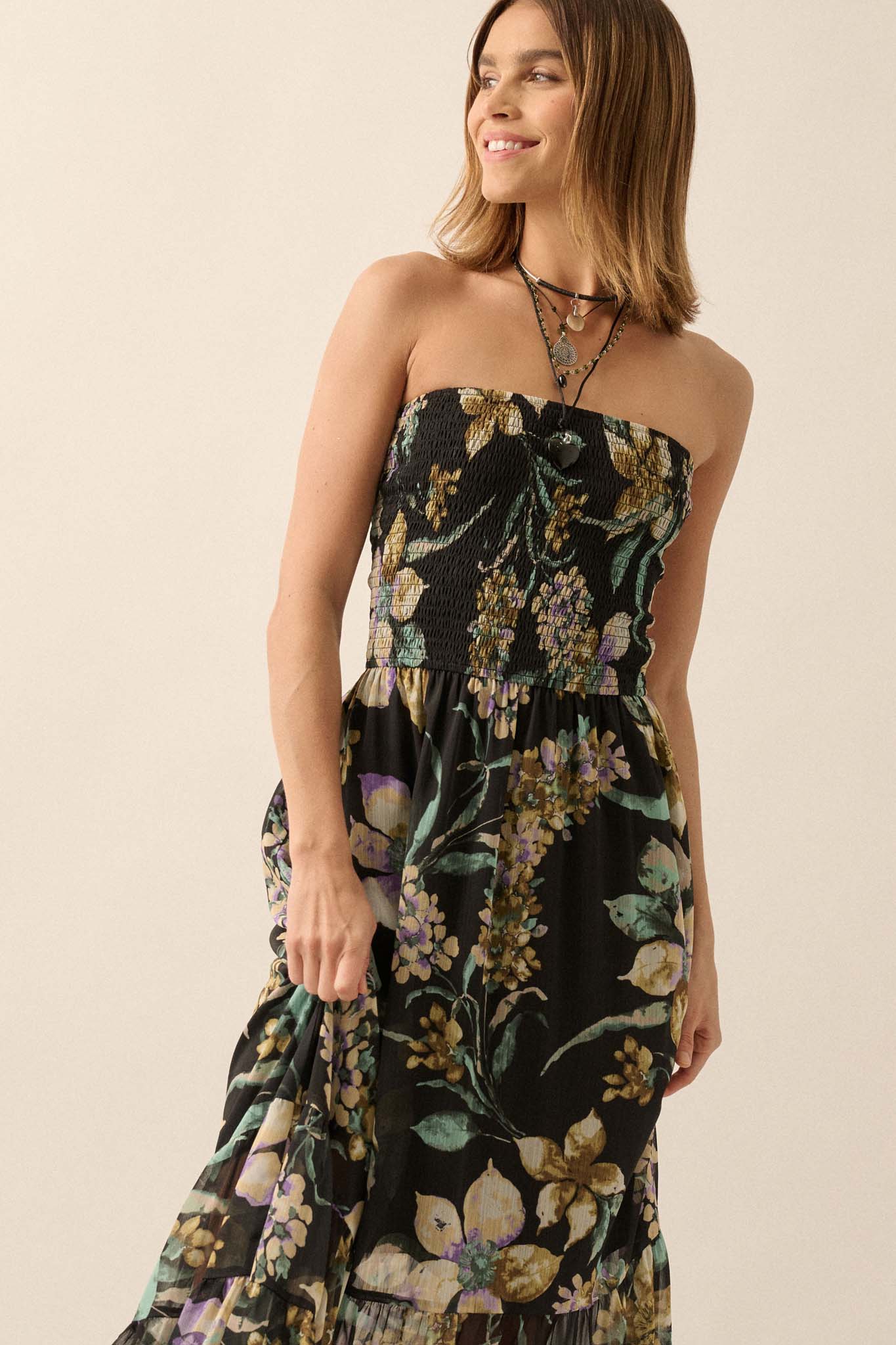 Radiant Garden Floral Chiffon Strapless Maxi Dress - ShopPromesa