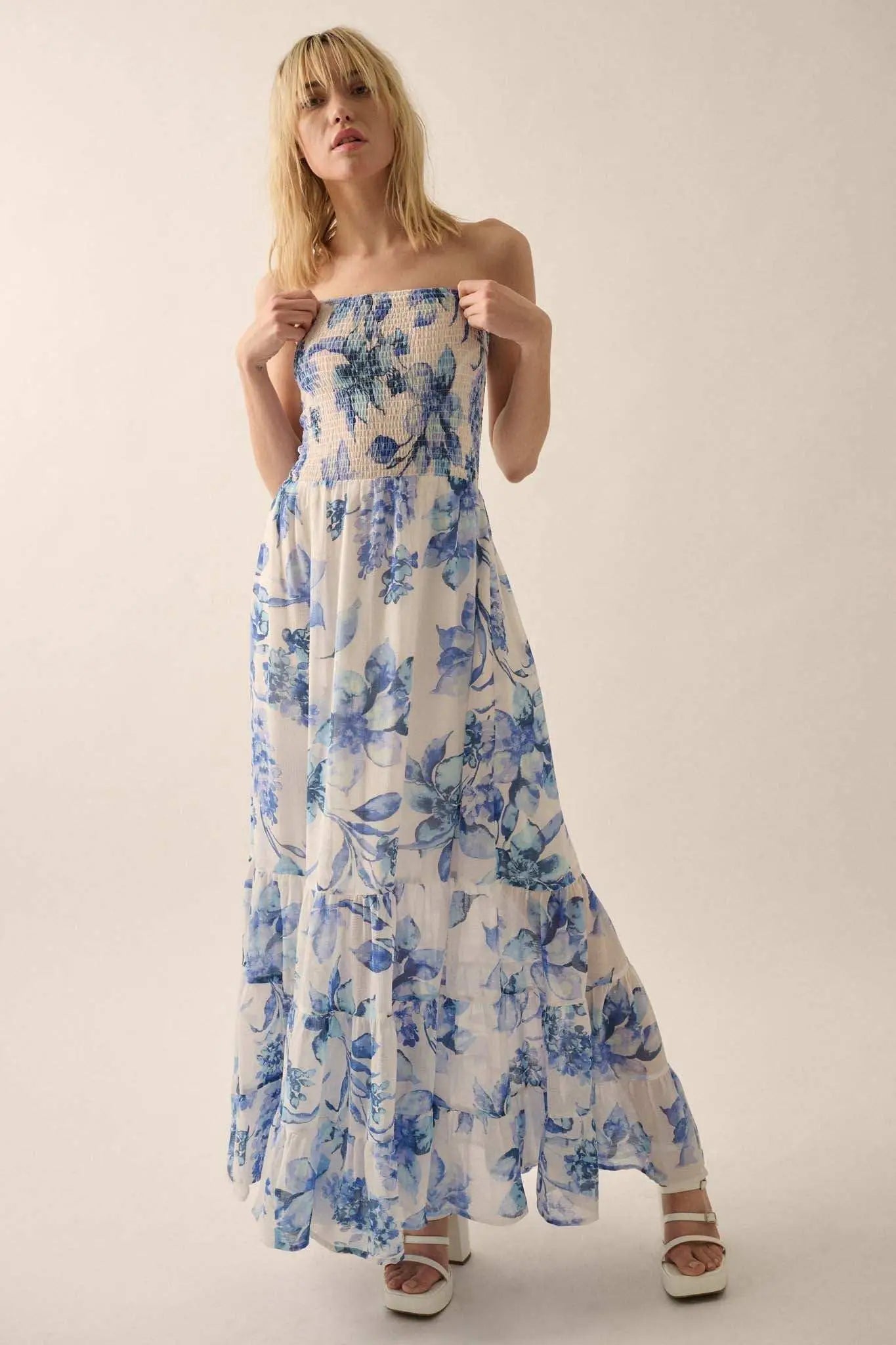 Radiant Garden Floral Chiffon Strapless Maxi Dress Off White & Blue / L Radiant Garden Floral Chiffon Strapless Maxi Dress Off White & Blue / L