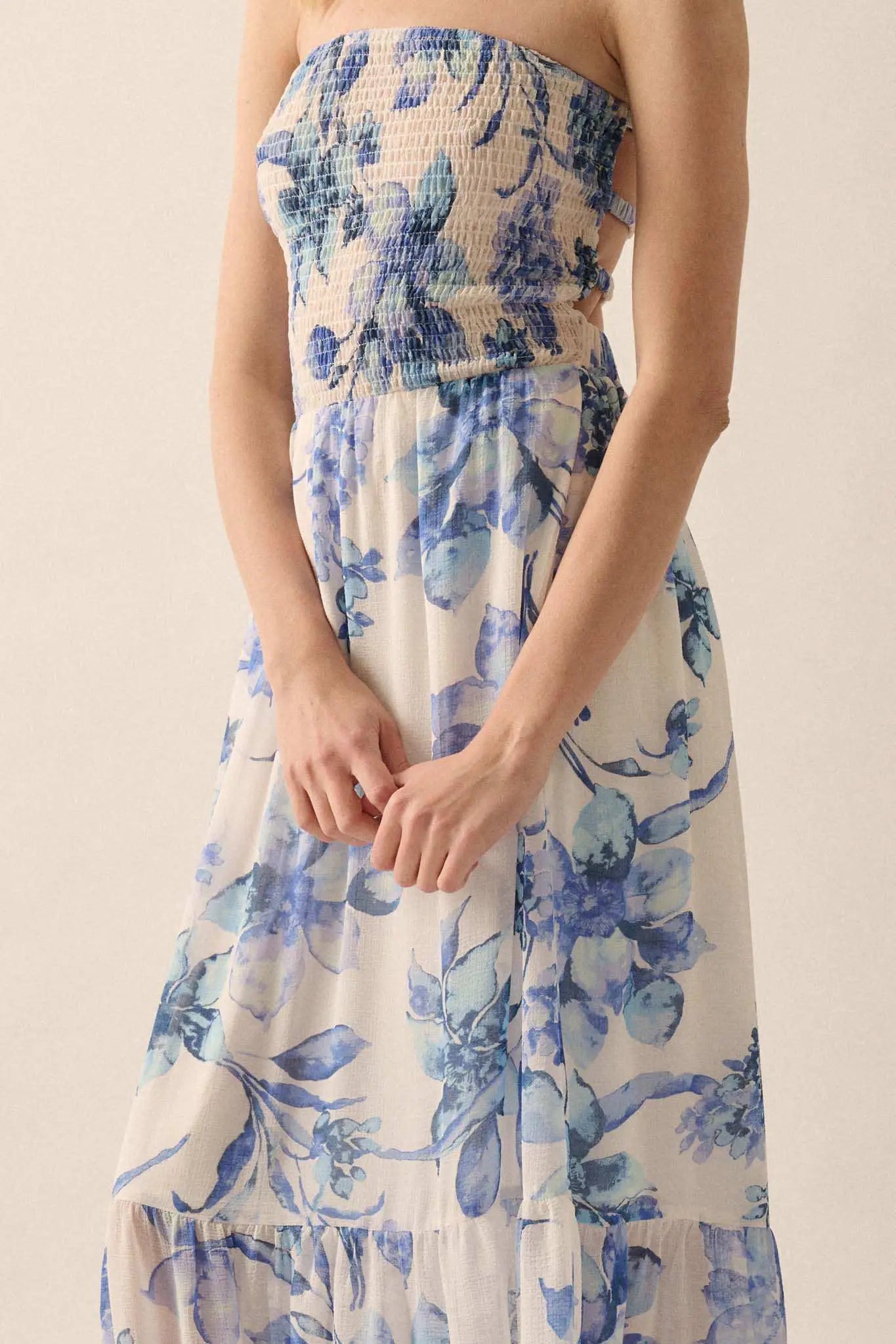 Radiant Garden Floral Chiffon Strapless Maxi Dress Off White & Blue / M Radiant Garden Floral Chiffon Strapless Maxi Dress Off White & Blue / M