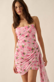 Misty Rose Draped Floral Mesh Strapless Mini Dress - ShopPromesa