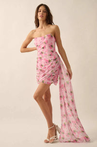 Misty Rose Draped Floral Mesh Strapless Mini Dress - ShopPromesa