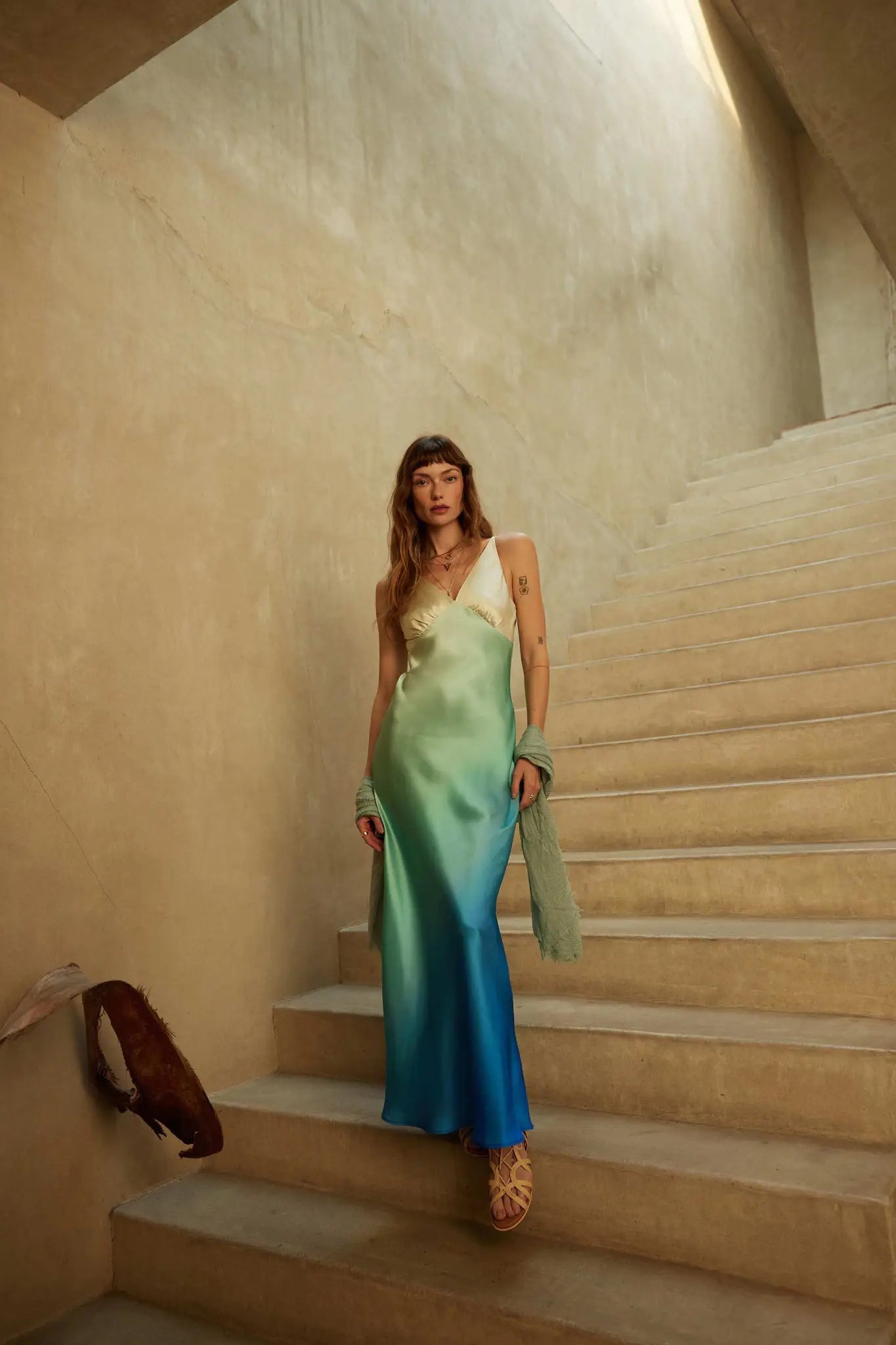 Shady Lady Ombre Satin Column Maxi Dress Butter & Blue / L Shady Lady Ombre Satin Column Maxi Dress Butter & Blue / L