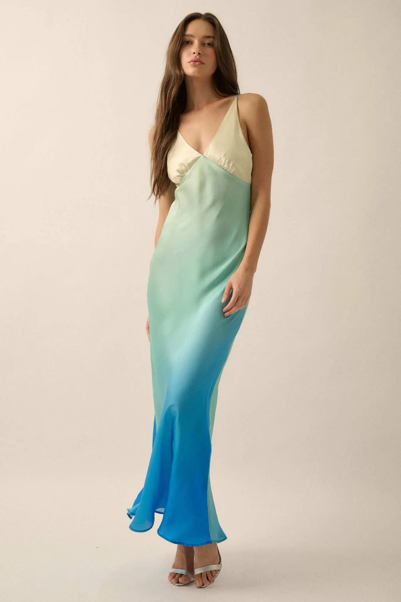 Shady Lady Ombre Satin Column Maxi Dress Butter & Blue / L Shady Lady Ombre Satin Column Maxi Dress Butter & Blue / L