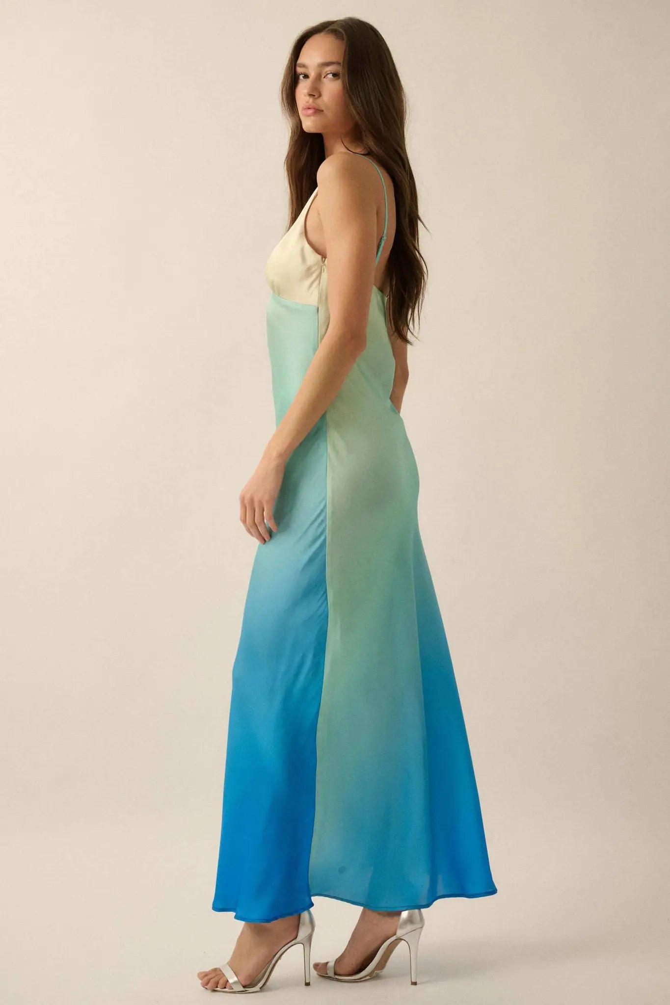 Shady Lady Ombre Satin Column Maxi Dress Butter & Blue / L Shady Lady Ombre Satin Column Maxi Dress Butter & Blue / L
