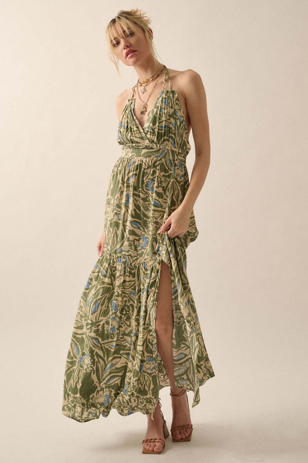 Palm Paradise Tropical Floral Halter Maxi Dress - ShopPromesa