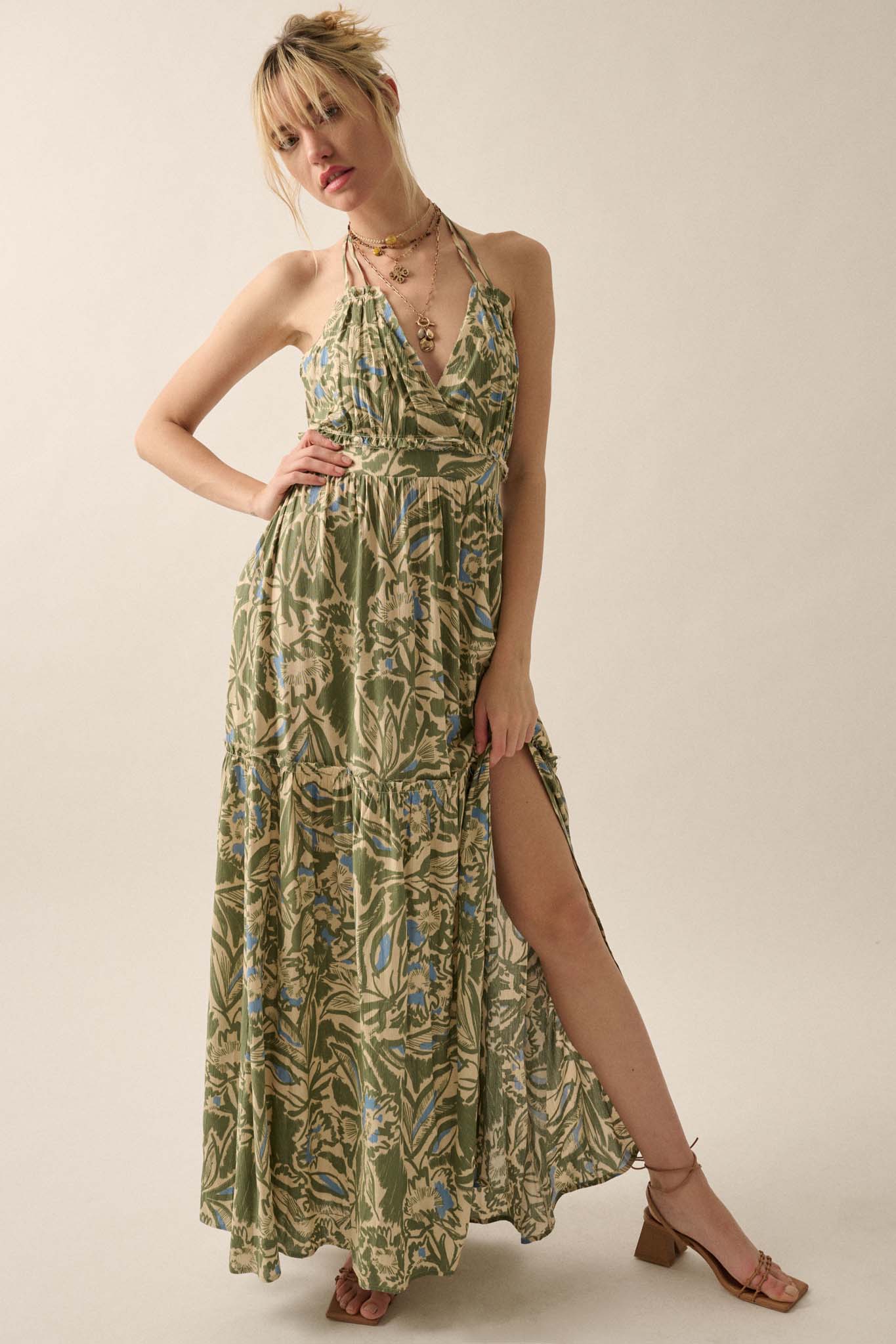 Palm Paradise Tropical Floral Halter Maxi Dress - ShopPromesa