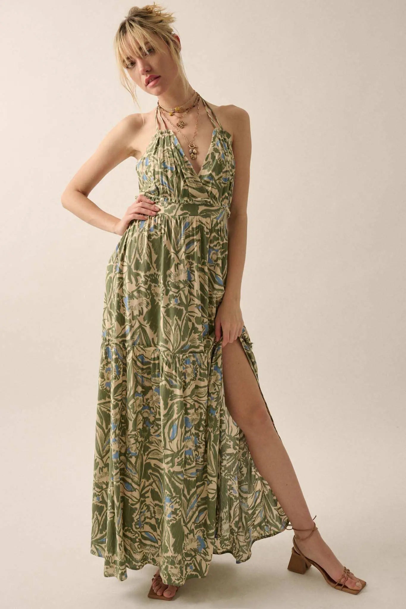 Palm Paradise Tropical Floral Halter Maxi Dress Natural / L Palm Paradise Tropical Floral Halter Maxi Dress Natural / L