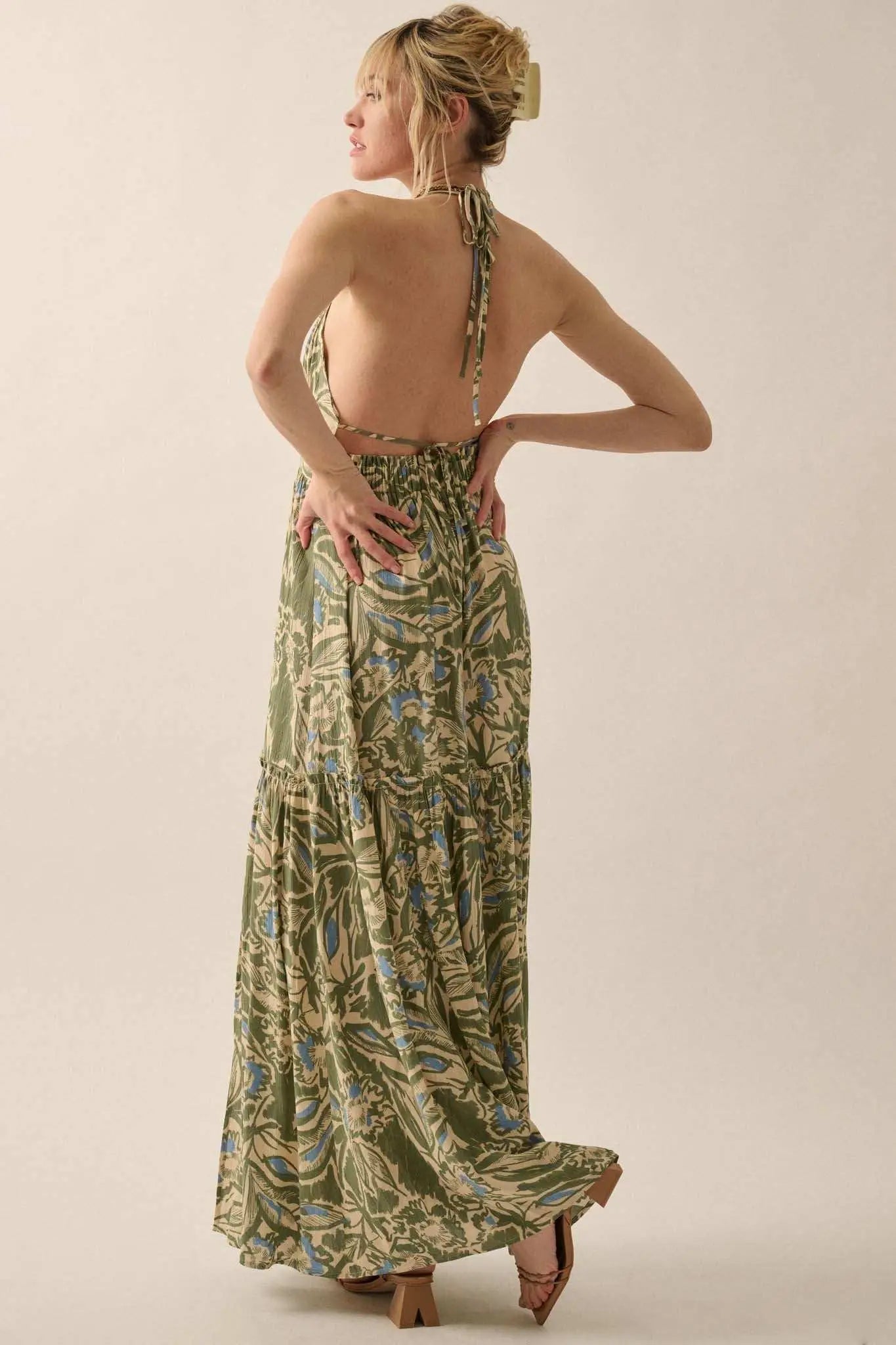 Palm Paradise Tropical Floral Halter Maxi Dress Natural / L Palm Paradise Tropical Floral Halter Maxi Dress Natural / L
