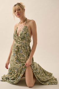 Palm Paradise Tropical Floral Halter Maxi Dress - ShopPromesa