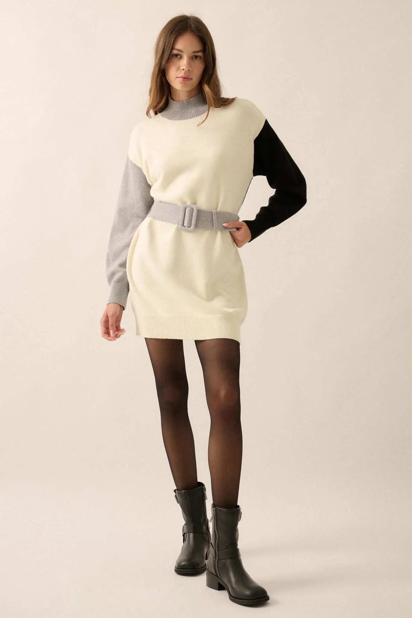 Modern Moment Colorblock Belted Mini Sweater Dress Cream & Grey & Black / L Modern Moment Colorblock Belted Mini Sweater Dress Cream & Grey & Black / L