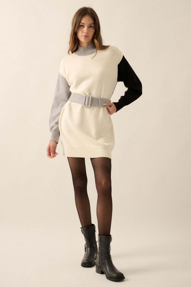 Modern Moment Colorblock Belted Mini Sweater Dress - ShopPromesa