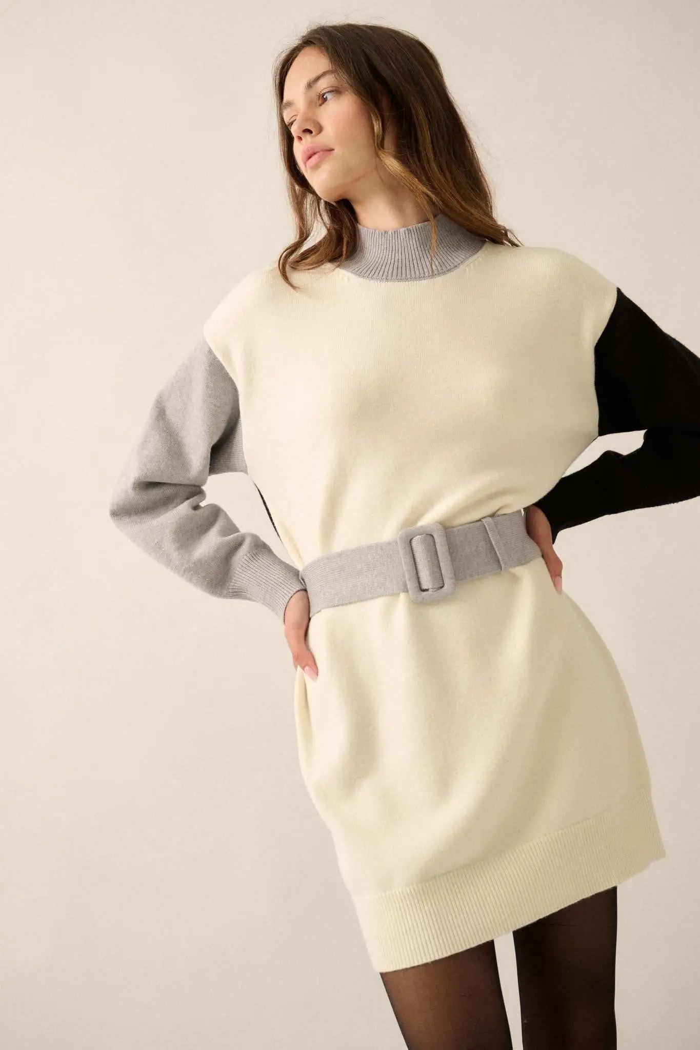 Modern Moment Colorblock Belted Mini Sweater Dress, Cream & Grey & Black / M Modern Moment Colorblock Belted Mini Sweater Dress, Cream & Grey & Black / M