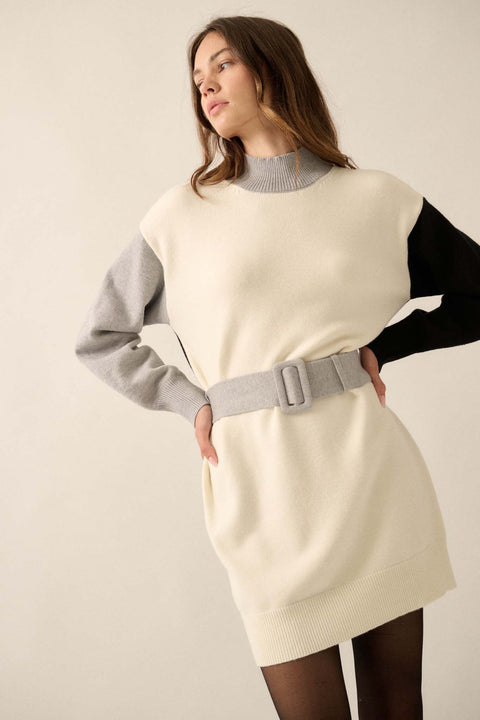 Modern Moment Colorblock Belted Mini Sweater Dress - ShopPromesa