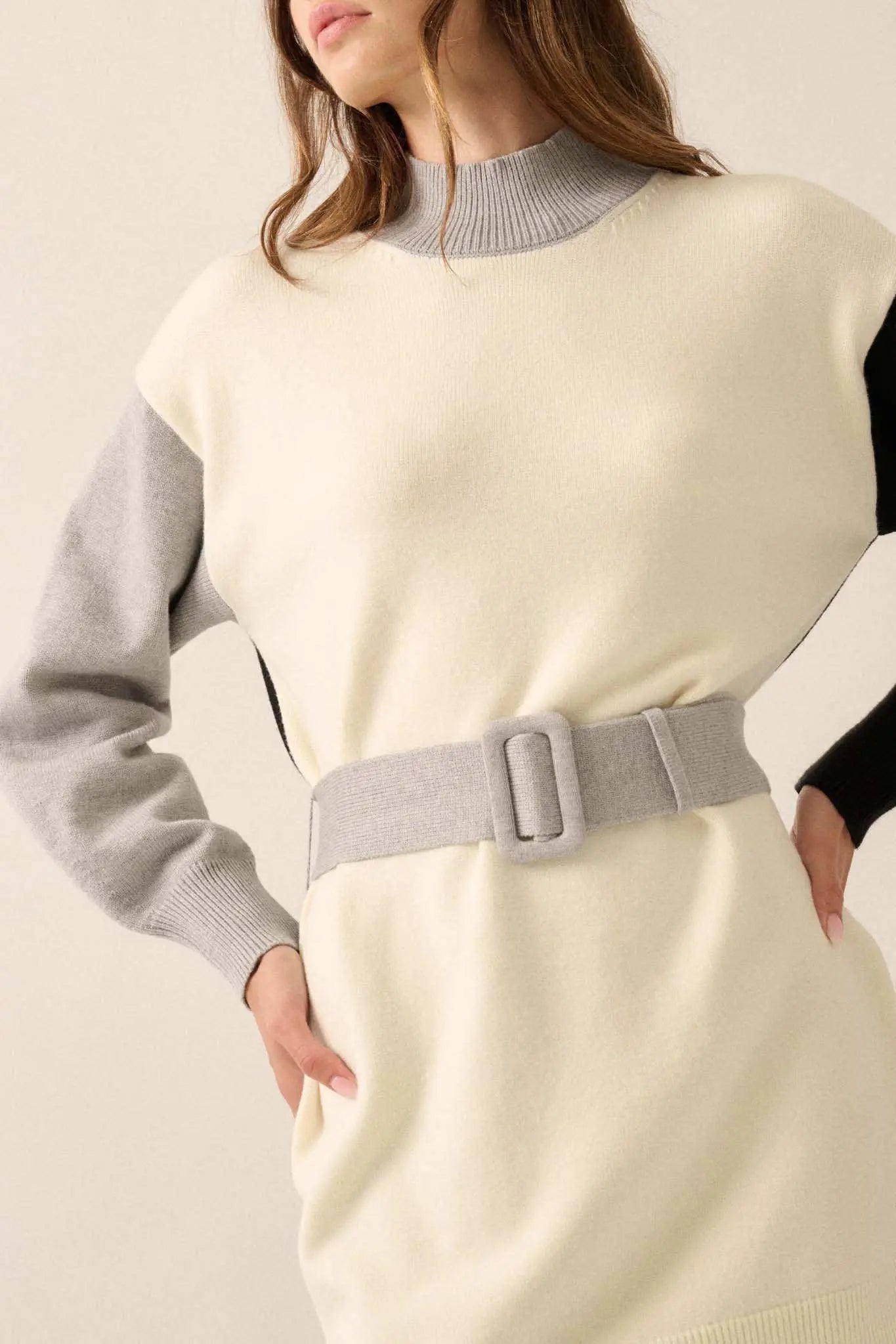 Modern Moment Colorblock Belted Mini Sweater Dress Cream & Grey & Black / L Modern Moment Colorblock Belted Mini Sweater Dress Cream & Grey & Black / L