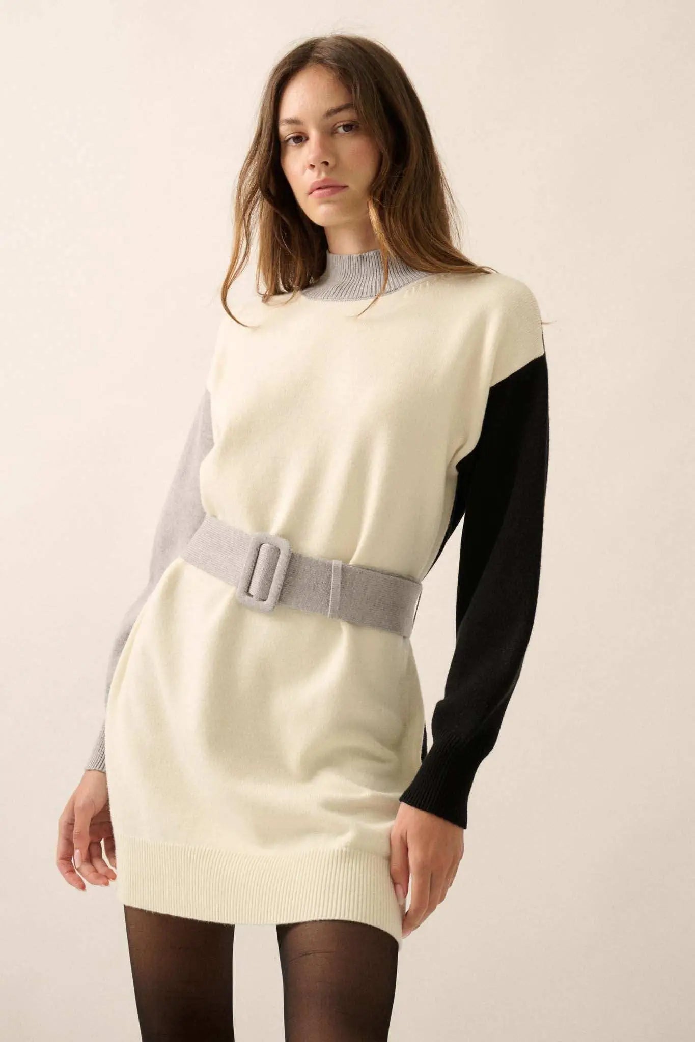 Modern Moment Colorblock Belted Mini Sweater Dress Cream & Grey & Black / L