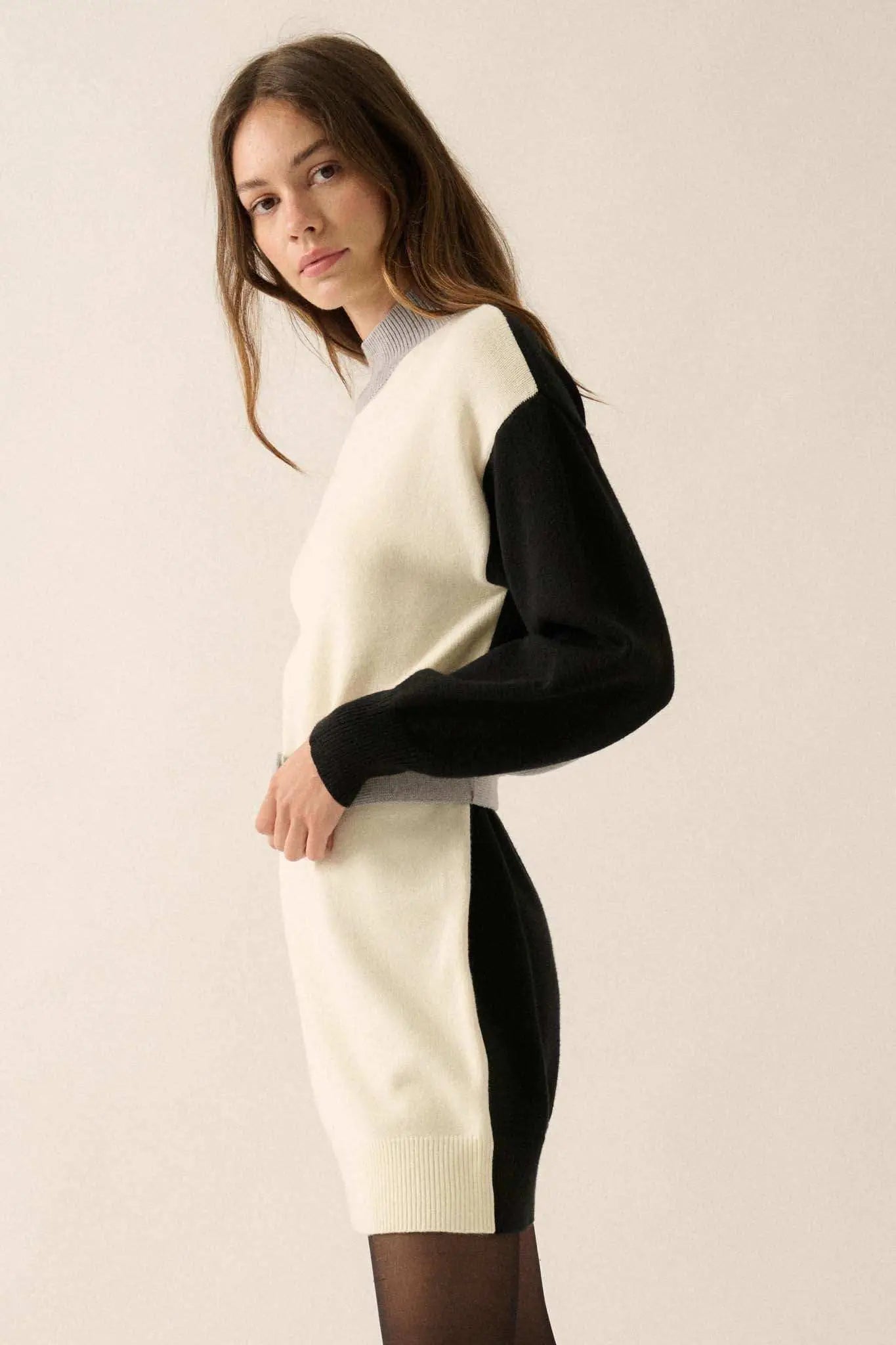 Arctic Ice Flum Pebble Modern Moment Colorblock Belted Mini Sweater Dress Cream & Grey & Black / Arctic Ice Flum Pebble Modern Moment Colorblock Belted Mini Sweater Dress Cream & Grey & Black /