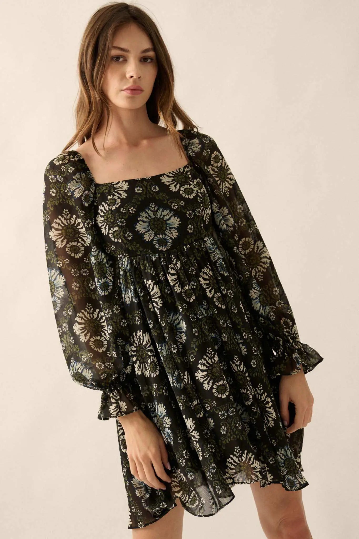 Burst of Beauty Floral Chiffon Babydoll Mini Dress Black / S Burst of Beauty Floral Chiffon Babydoll Mini Dress Black / S