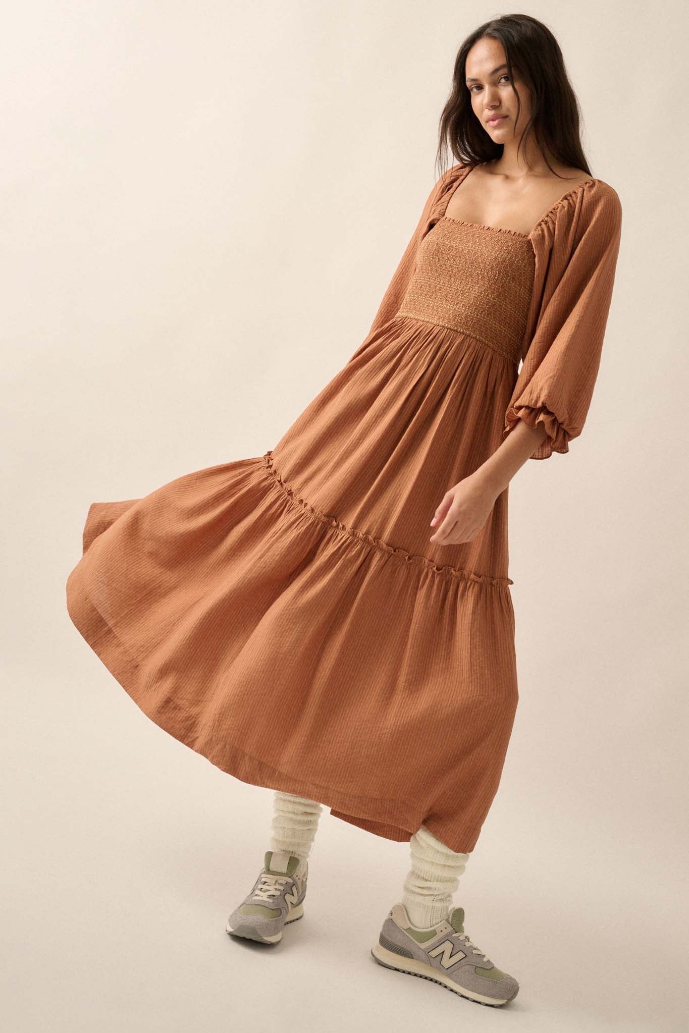 Autumn Sunset Smocked Midi Peasant Dress - ShopPromesa