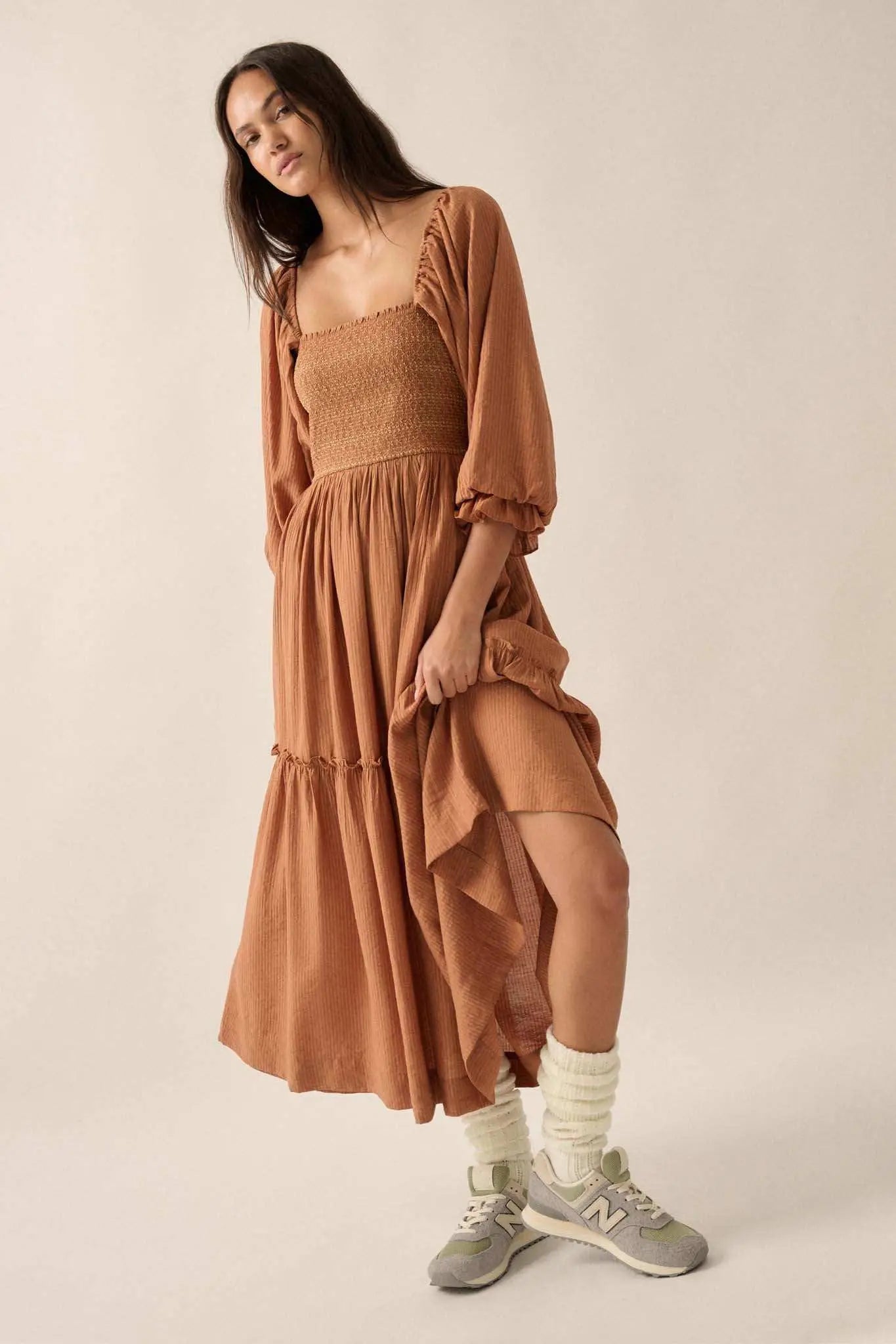 smocked chiffon peasant-sleeve dress Smocked Chiffon Peasant-Sleeve Dress