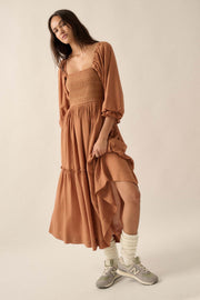 Autumn Sunset Smocked Midi Peasant Dress - ShopPromesa