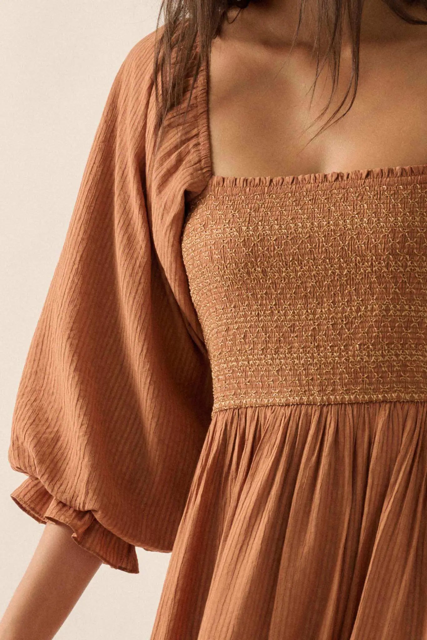 Autumn Sunset Smocked Midi Peasant Dress, Taupe / L Autumn Sunset Smocked Midi Peasant Dress, Taupe / L