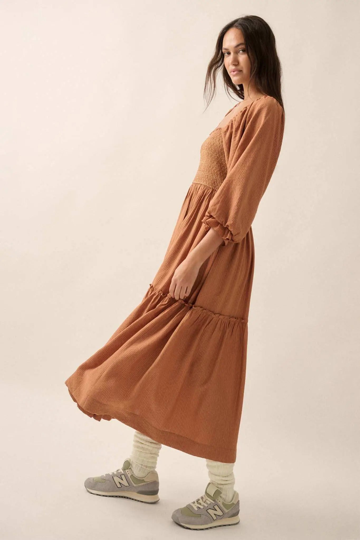 Autumn Sunset Smocked Midi Peasant Dress, Taupe / L Autumn Sunset Smocked Midi Peasant Dress, Taupe / L