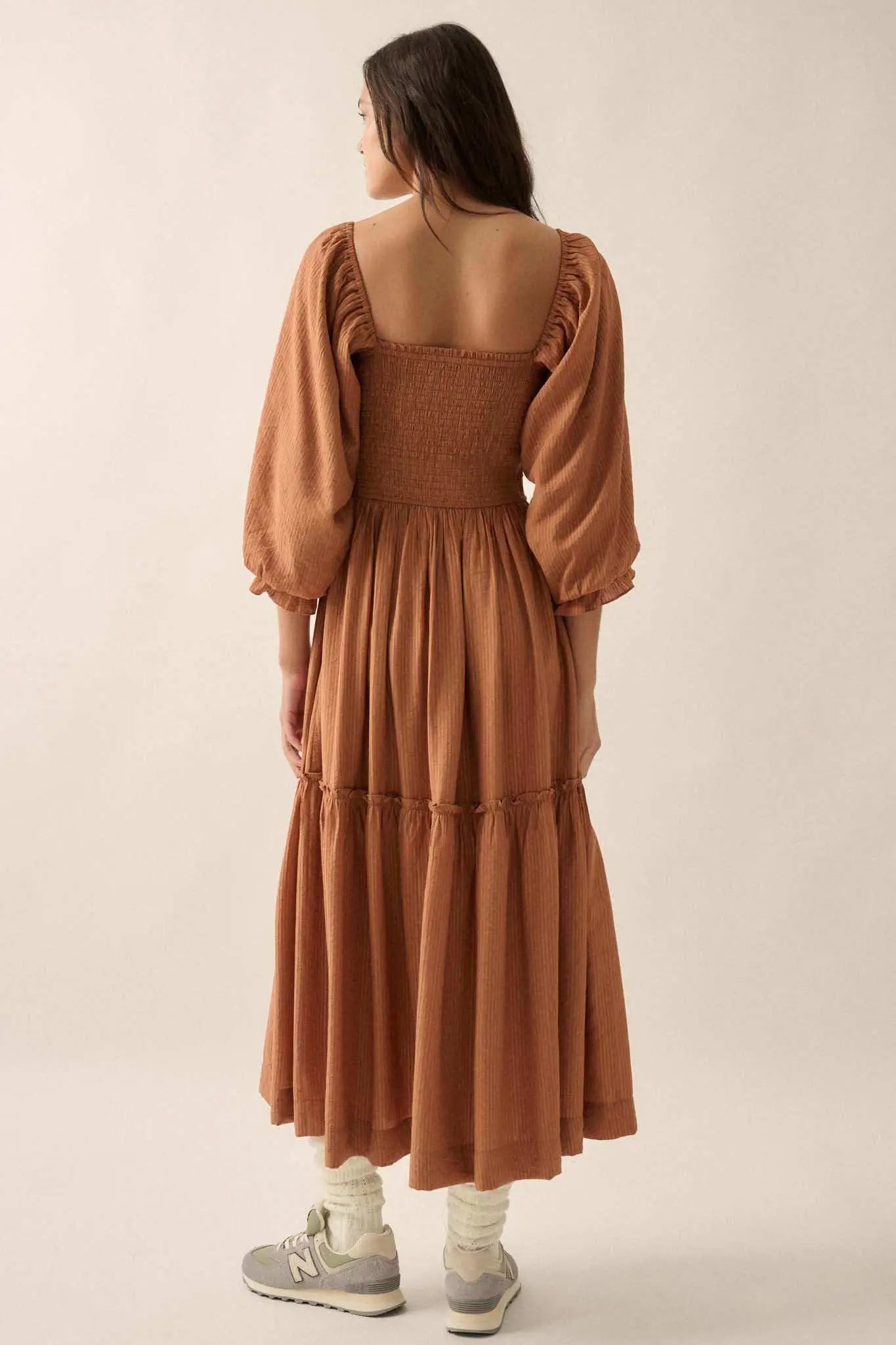 Autumn Sunset Smocked Midi Peasant Dress, Taupe / L Autumn Sunset Smocked Midi Peasant Dress, Taupe / L