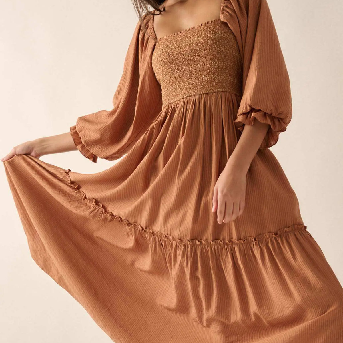 Autumn Sunset Smocked Midi Peasant Dress Taupe / S
