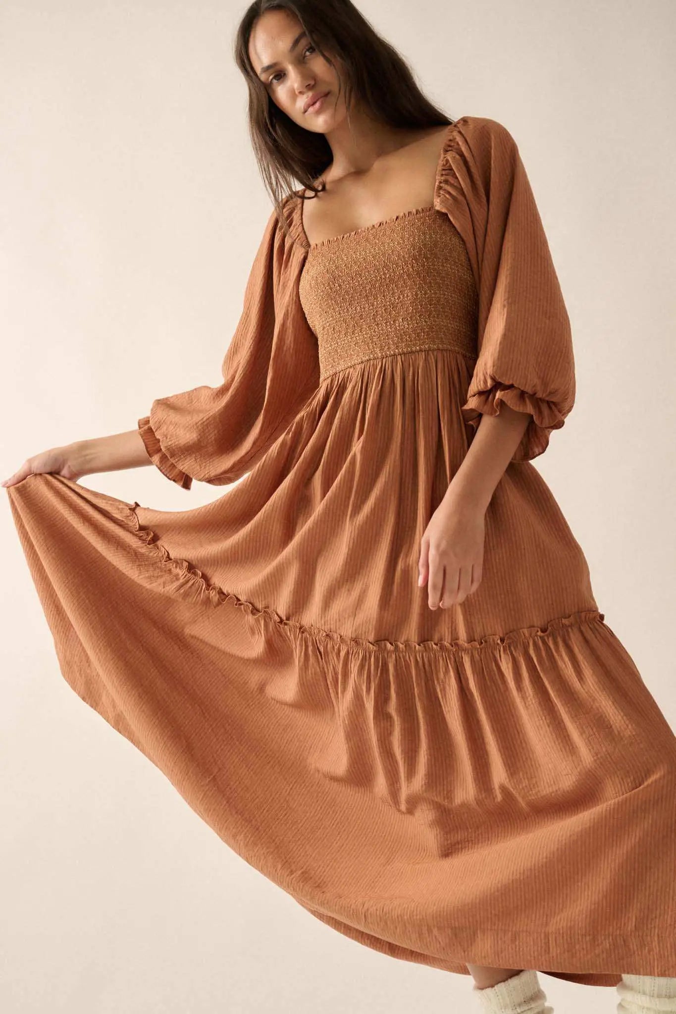 Autumn Sunset Smocked Midi Peasant Dress, Taupe / L