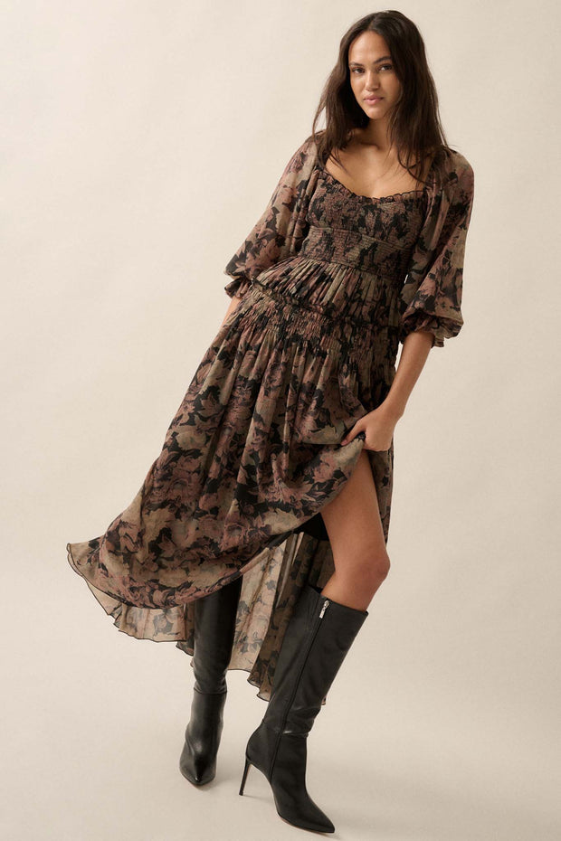 Dancing Blooms Smocked Floral Maxi Peasant Dress - ShopPromesa