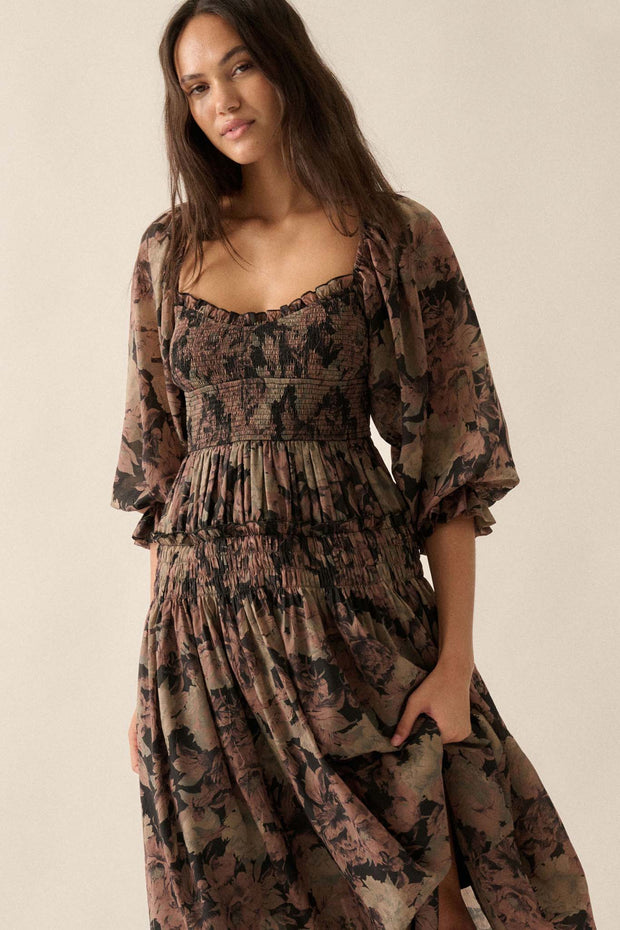 Dancing Blooms Smocked Floral Maxi Peasant Dress - ShopPromesa