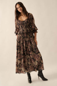 Dancing Blooms Smocked Floral Maxi Peasant Dress - ShopPromesa