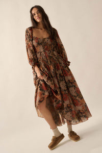 Dancing Blooms Smocked Floral Maxi Peasant Dress - ShopPromesa