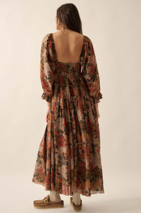 Dancing Blooms Smocked Floral Maxi Peasant Dress - ShopPromesa