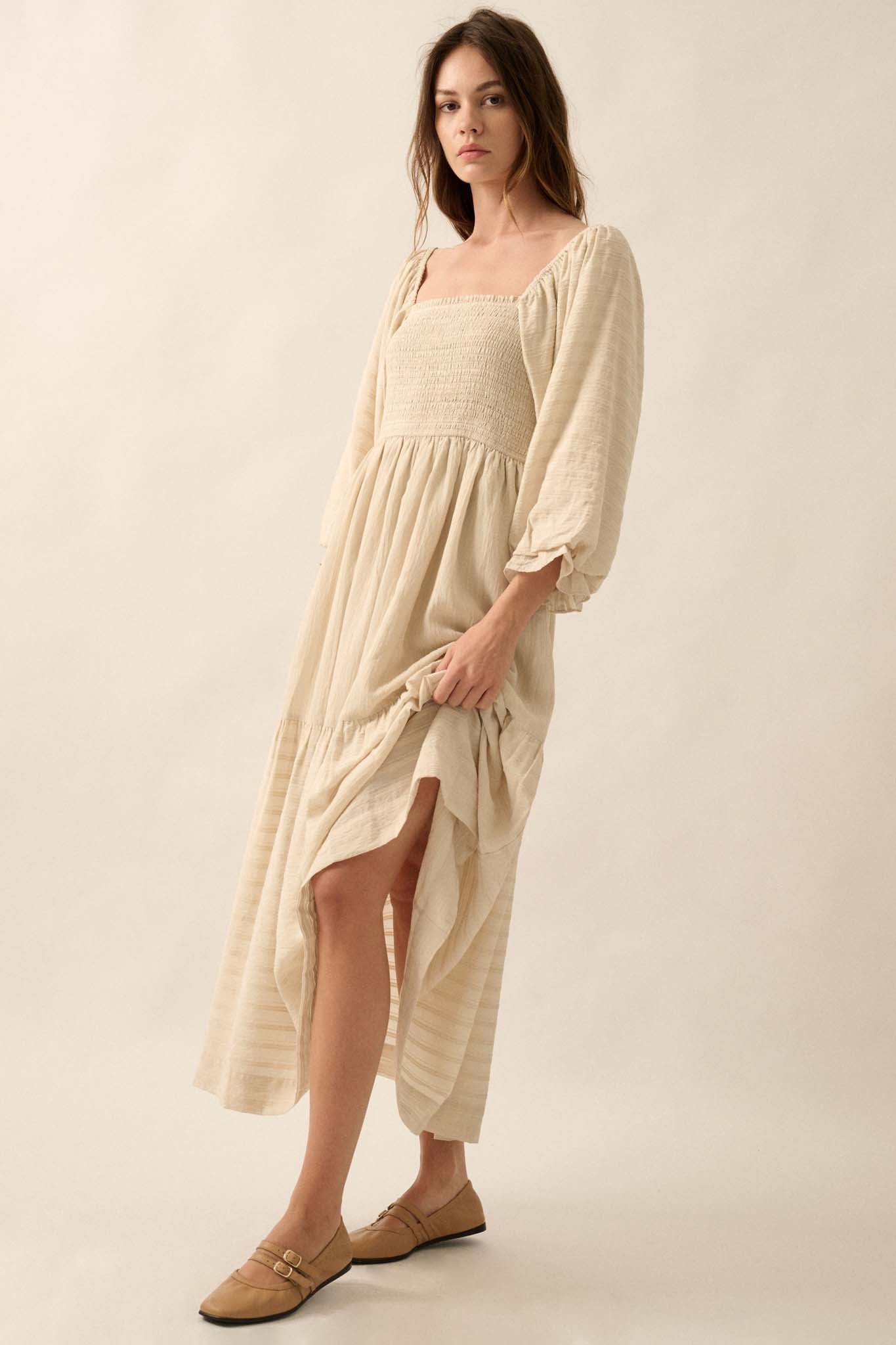 Better Days Smocked Tonal-Stripe Peasant Maxi Dress - ShopPromesa