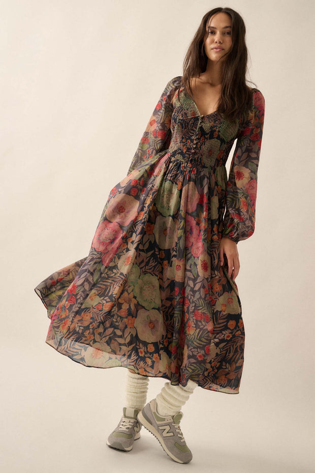 Boho Bouquet Smocked Floral Maxi Peasant Dress - ShopPromesa