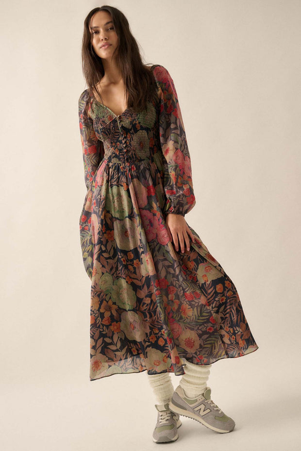 Boho Bouquet Smocked Floral Maxi Peasant Dress - ShopPromesa