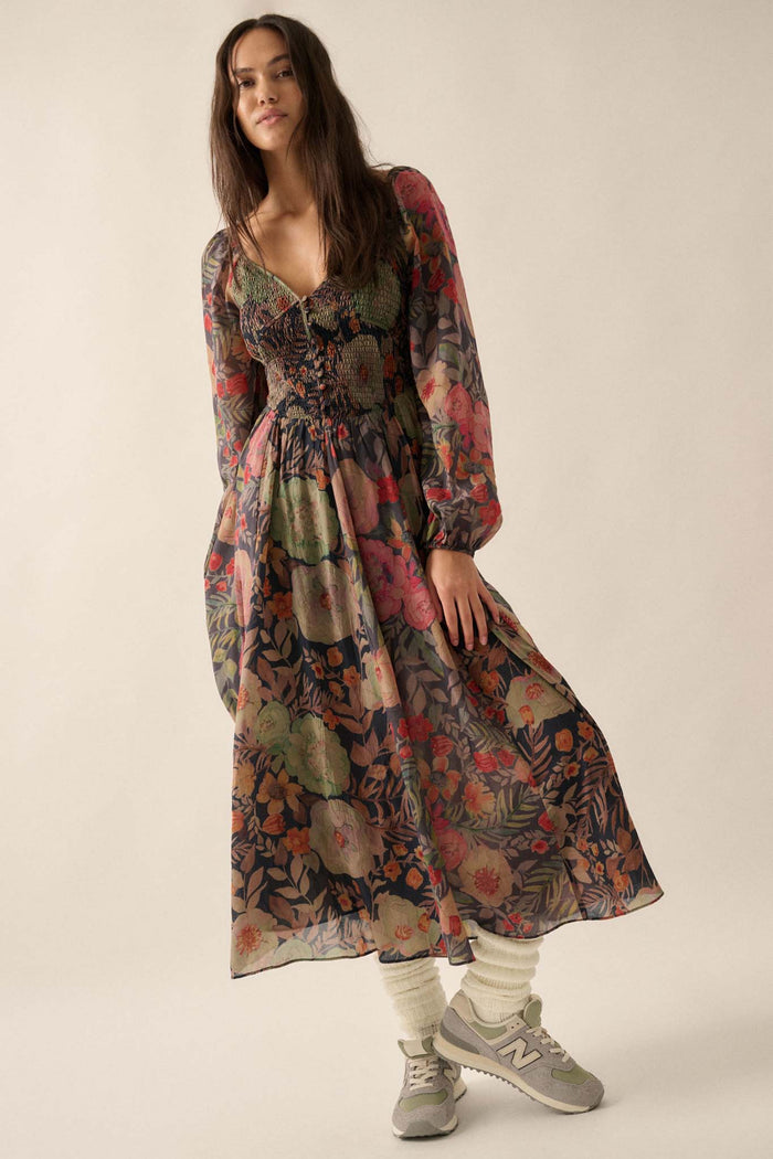 Boho Bouquet Smocked Floral Maxi Peasant Dress - ShopPromesa