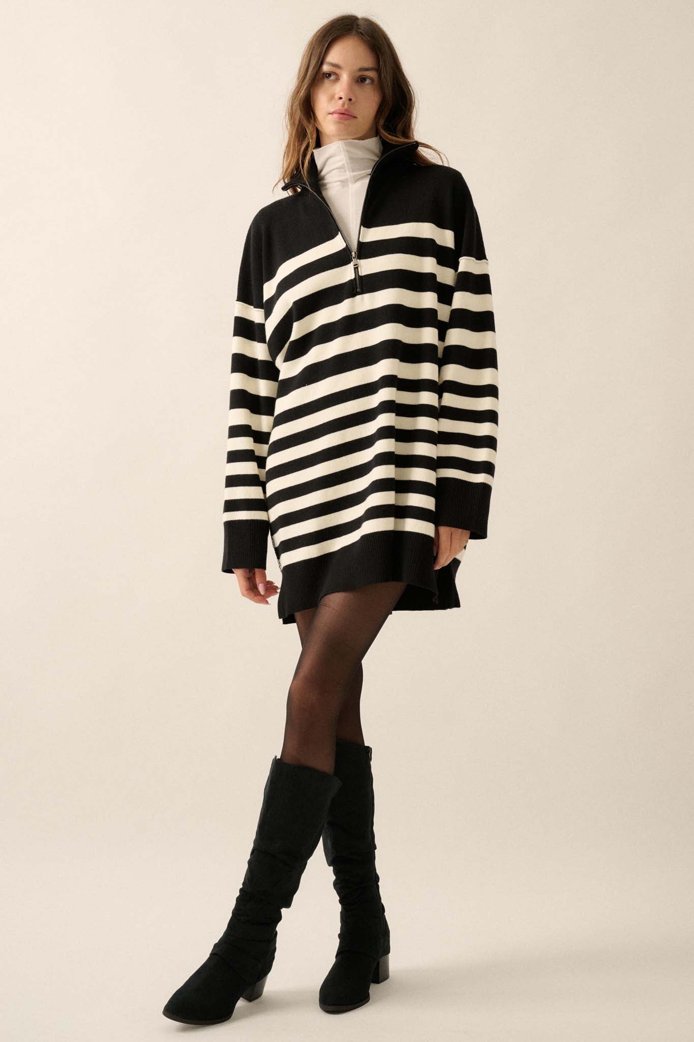 New Horizon Striped Half-Zip Mini Sweater Dress - ShopPromesa