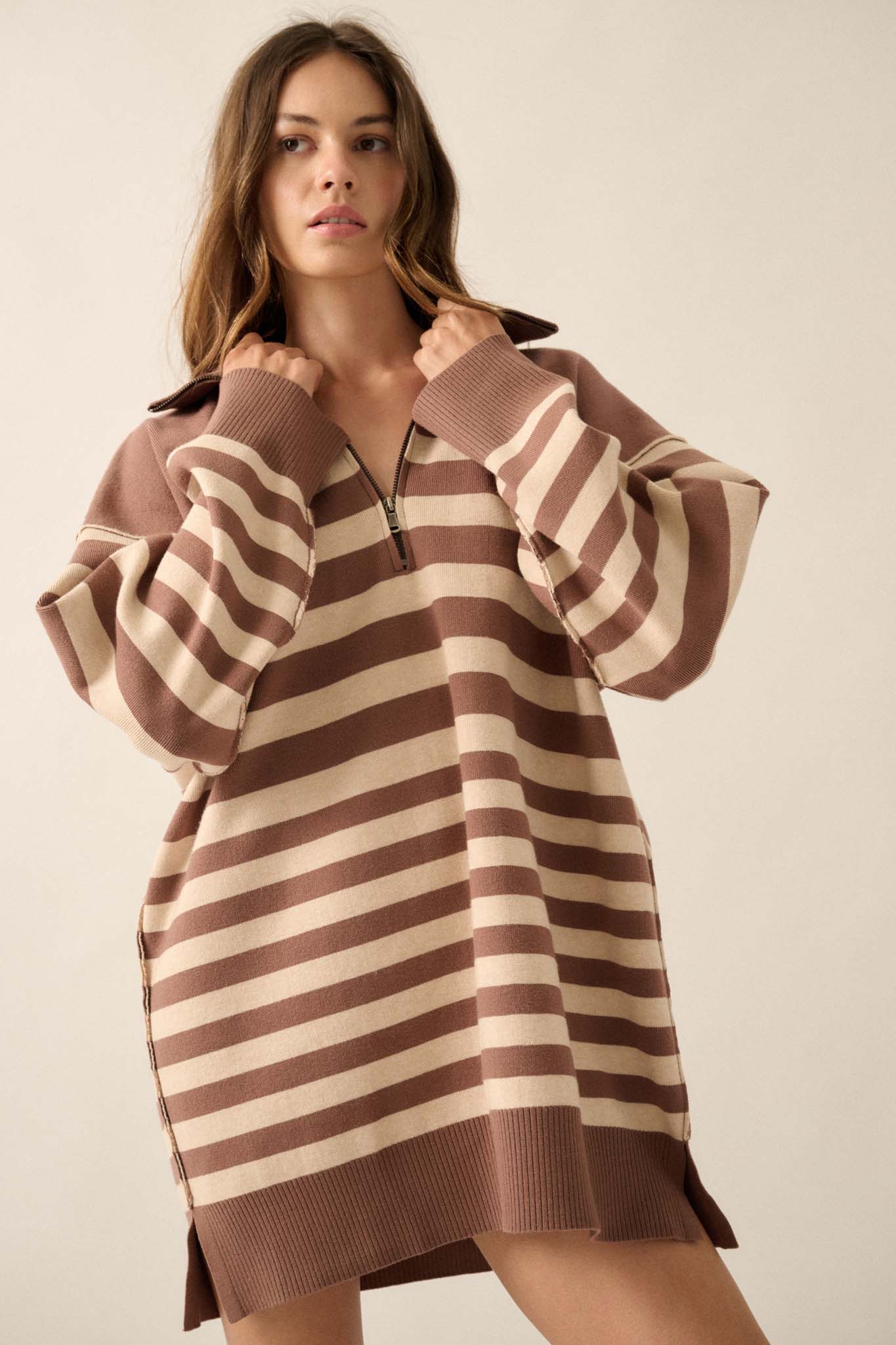 New Horizon Striped Half-Zip Mini Sweater Dress - ShopPromesa