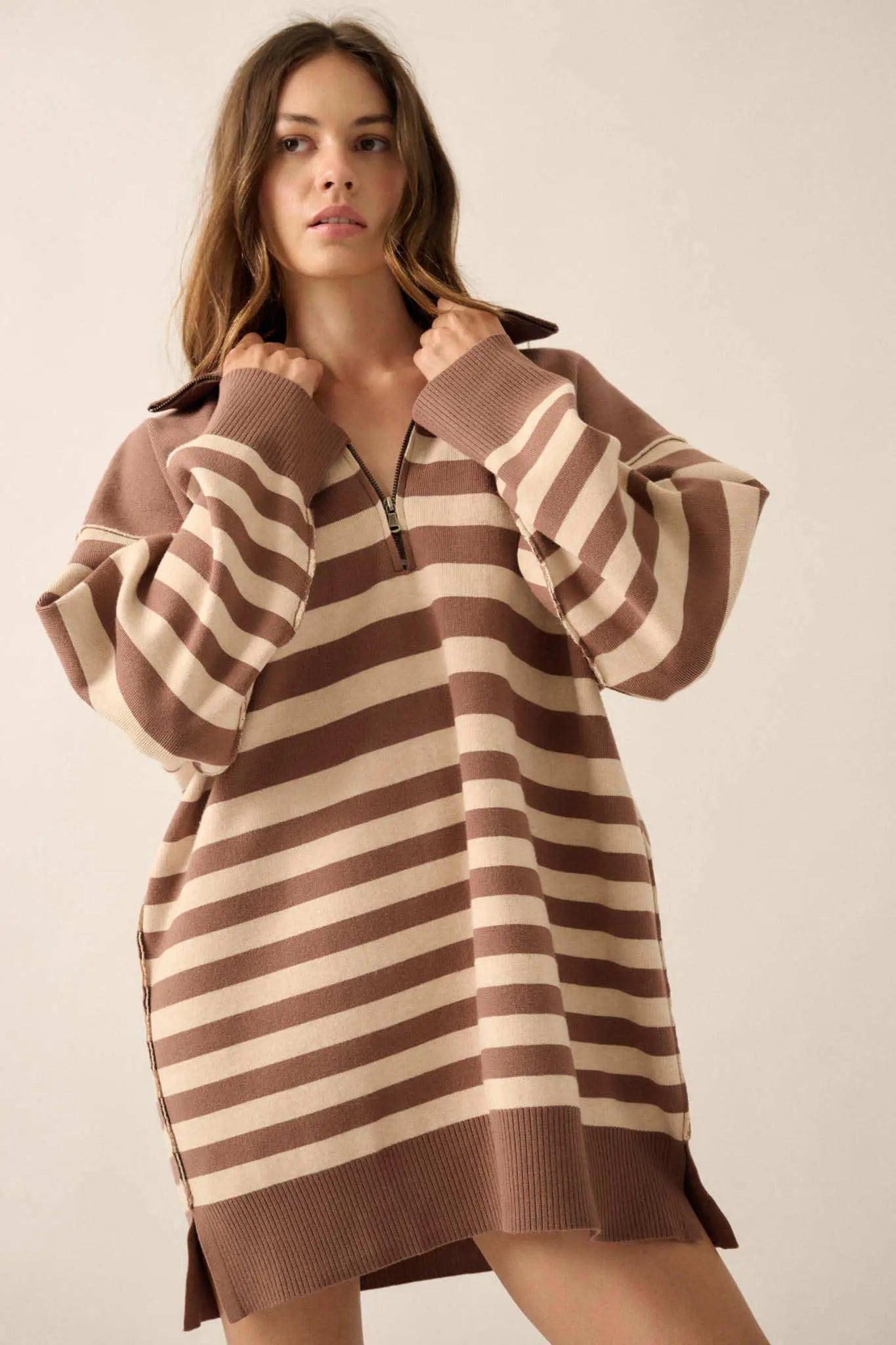 New Horizon Striped Half-Zip Mini Sweater Dress Cocoa & Oatmeal / M New Horizon Striped Half-Zip Mini Sweater Dress Cocoa & Oatmeal / M