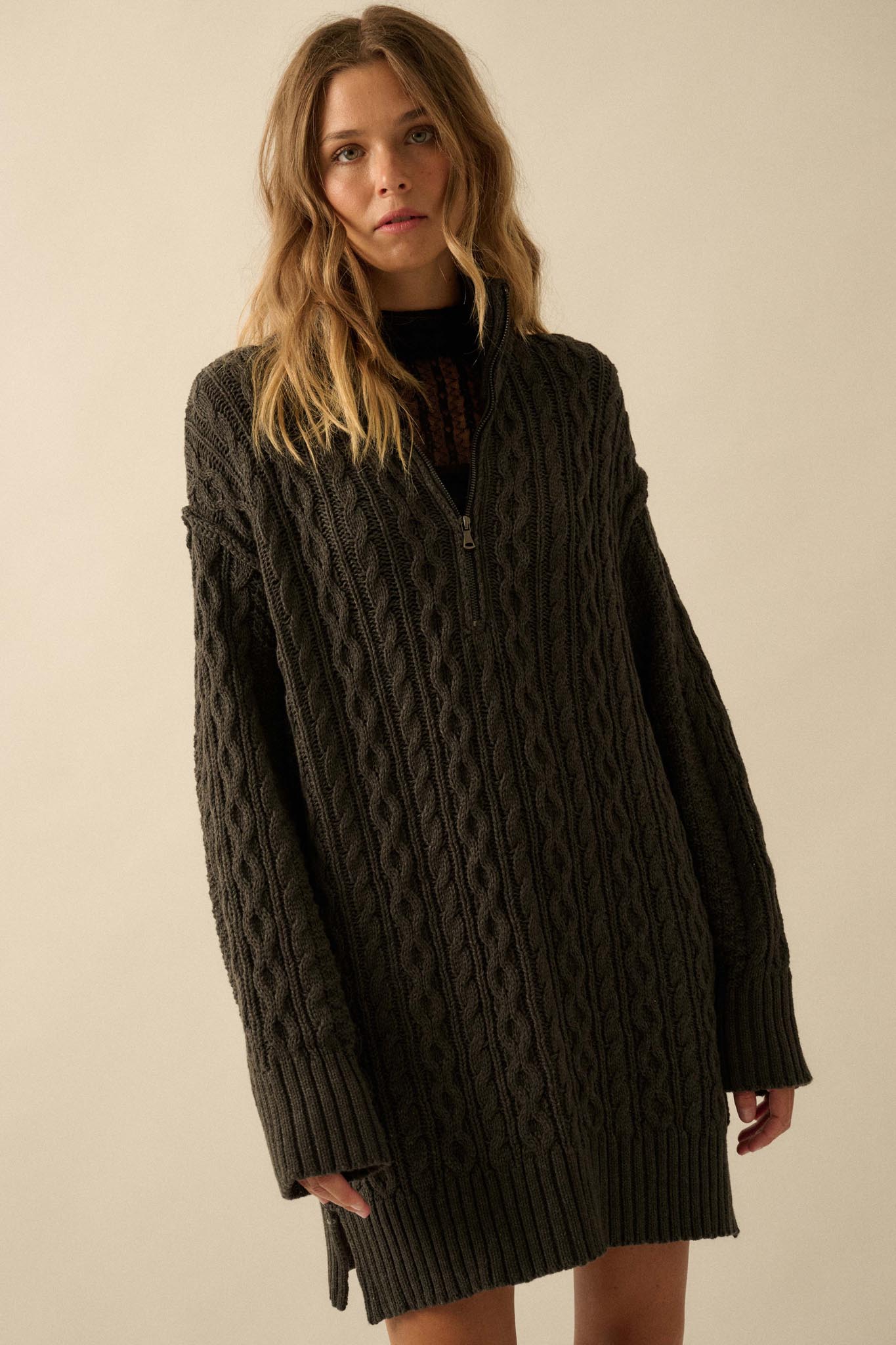 Plot Twist Half-Zip Cable Knit Sweater Dress