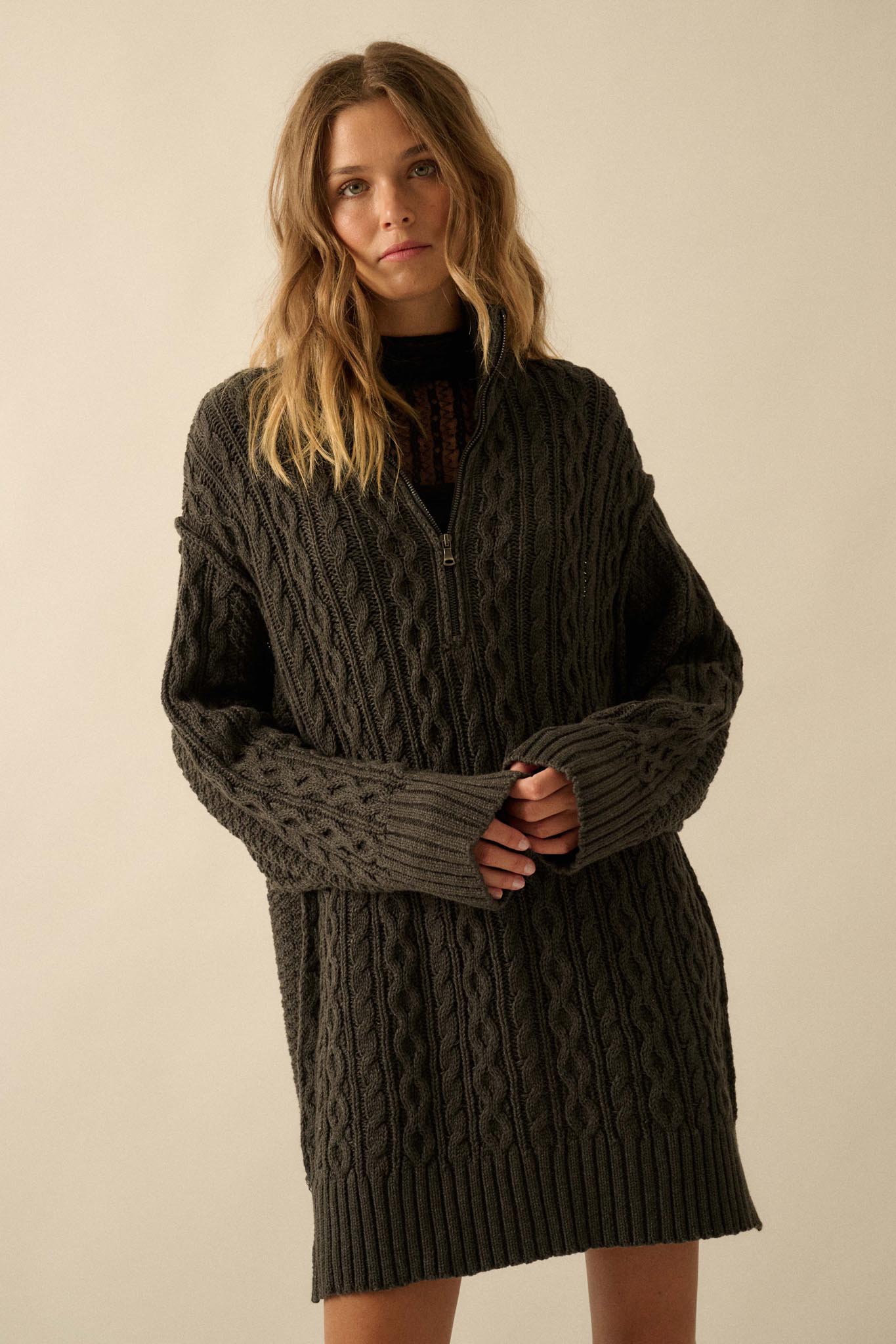 Plot Twist Half-Zip Cable Knit Sweater Dress