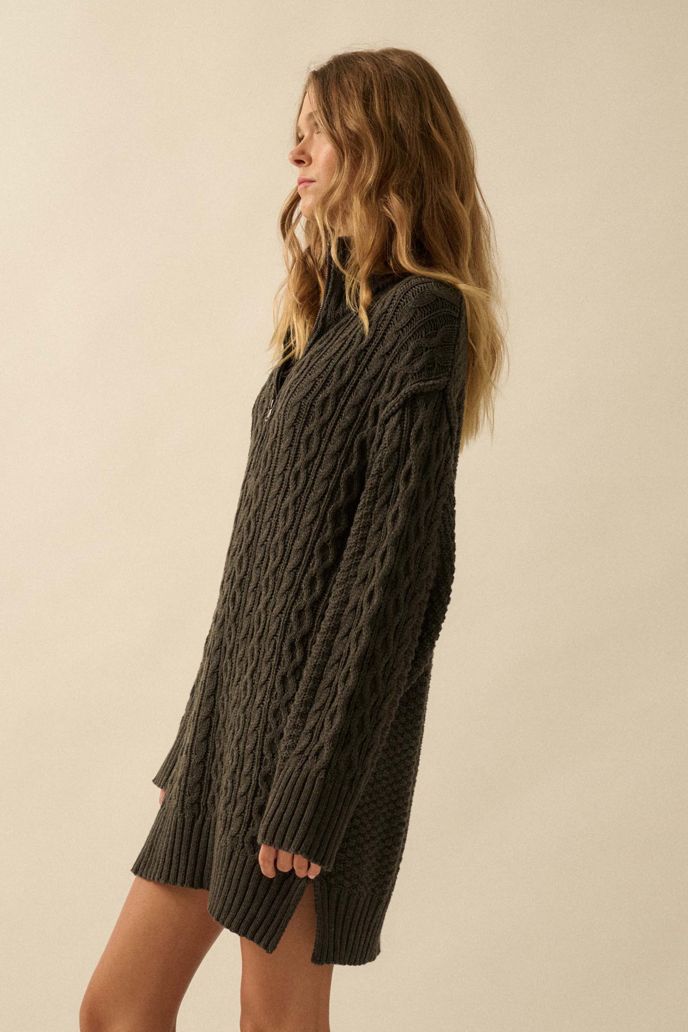 Plot Twist Half-Zip Cable Knit Sweater Dress