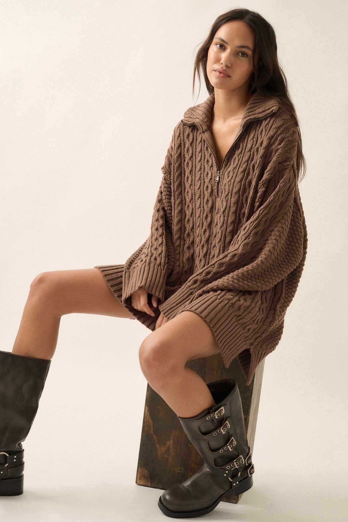 Plot Twist Quarter-Zip Cable Knit Sweater Dress - ShopPromesa