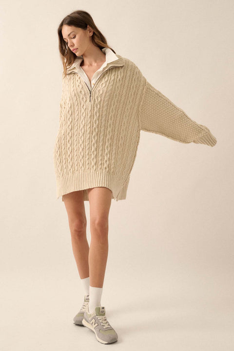 Plot Twist Quarter-Zip Cable Knit Sweater Dress - ShopPromesa