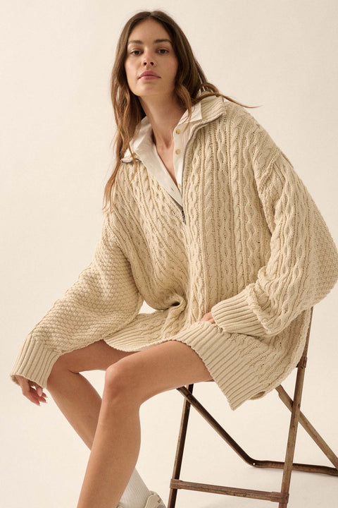 Plot Twist Quarter-Zip Cable Knit Sweater Dress - ShopPromesa